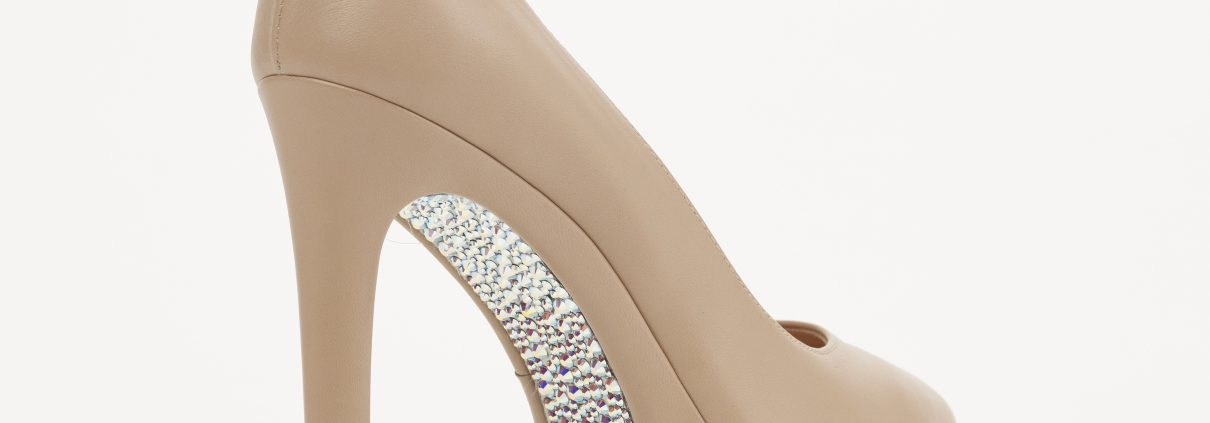 Beige high heel with sparkling detail.