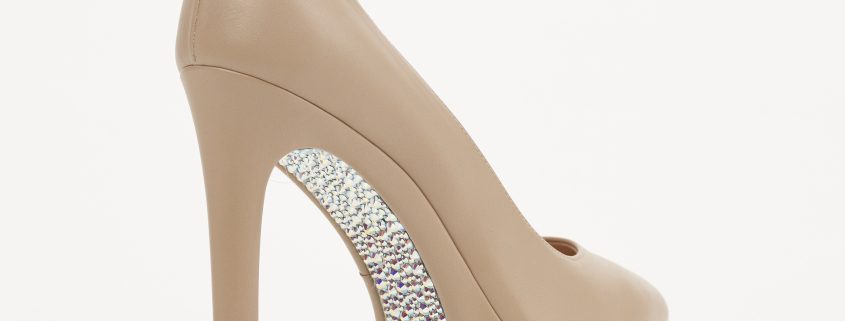Beige high heel with sparkling detail.