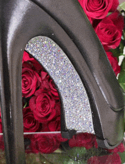 Black high heel with glitter, red roses.