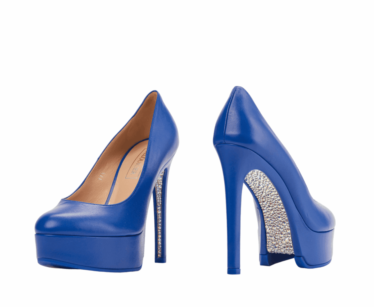 Blue high heels with crystal embellishments.