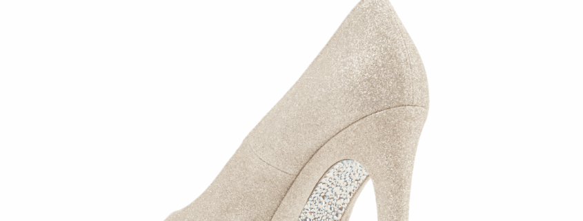Sparkly high-heeled shoe with rhinestone details.